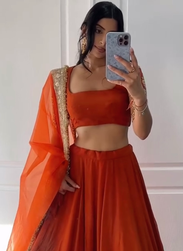 Beautiful Zari Embroidered Georgette Bridesmaids Orange Lehenga Choli